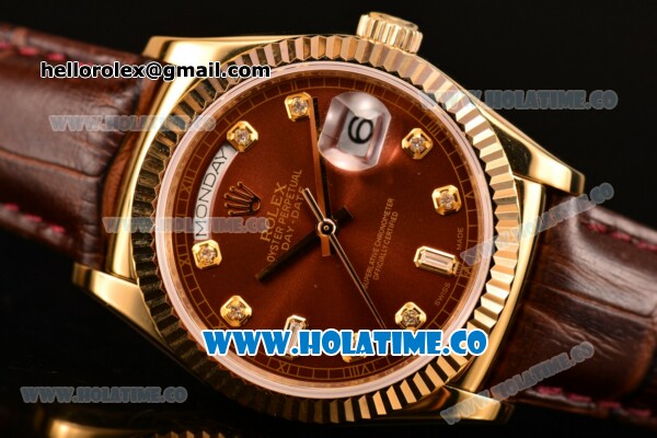 Rolex Day-Date Asia 2813/Swiss ETA 2836/Clone Rolex 3135 Automatic Yellow Gold Case with Brown Dial and Diamonds Markers (BP) - Click Image to Close